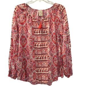 Faded Glory Rayon Large Paisley Print Long Sleeve Tassel Blouse Boho Casual Top